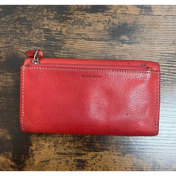 Fossil Vintage Red Leather Compact Trifold Wallet Snap Closure - Picture 2 of 4